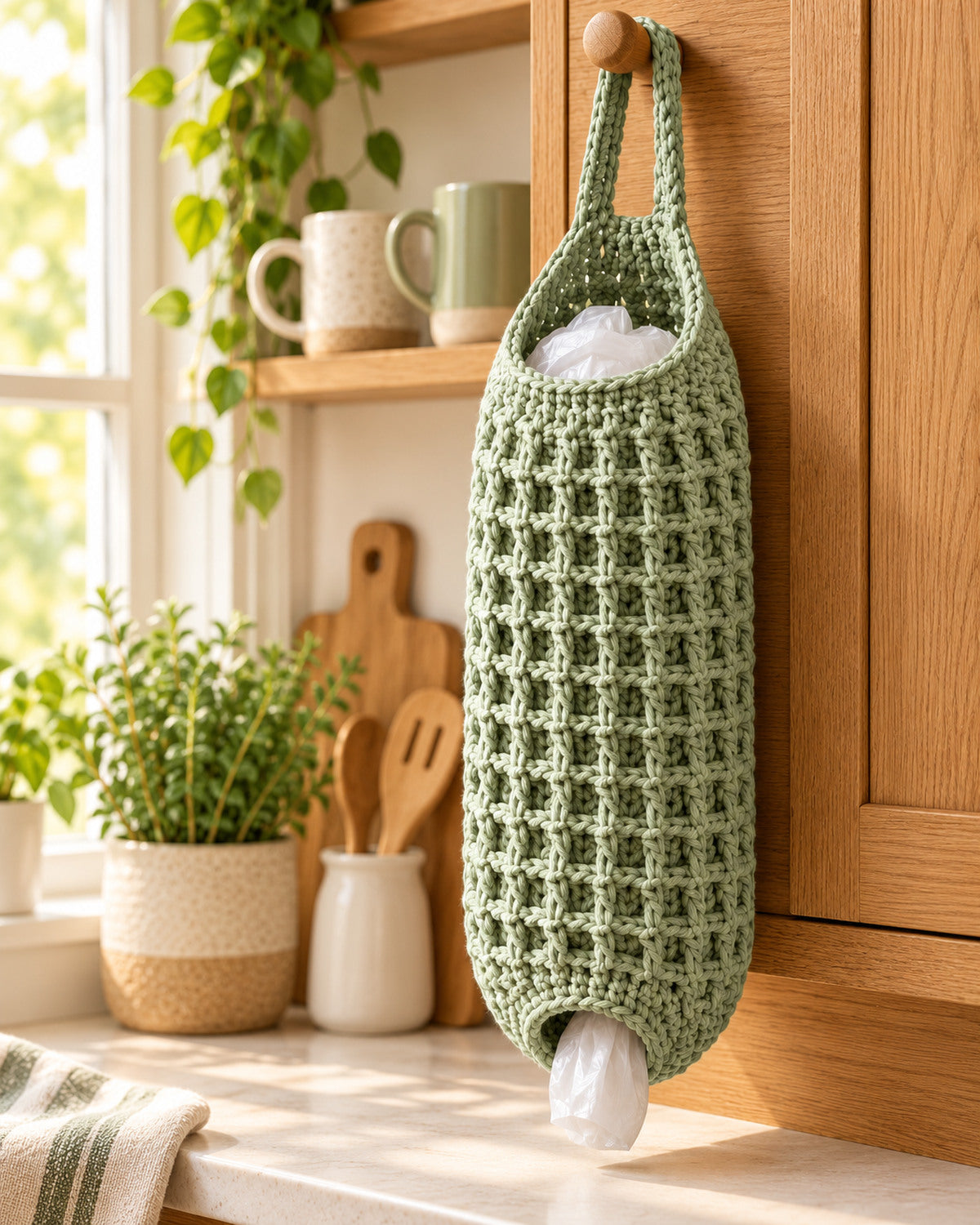 Crochet Plastic Bag Holder Pattern PDF – Hanging Kitchen Bag Dispenser