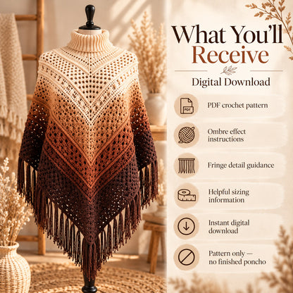 Crochet Ombre Fringe Poncho Pattern PDF – Boho Granny Stripe Wrap