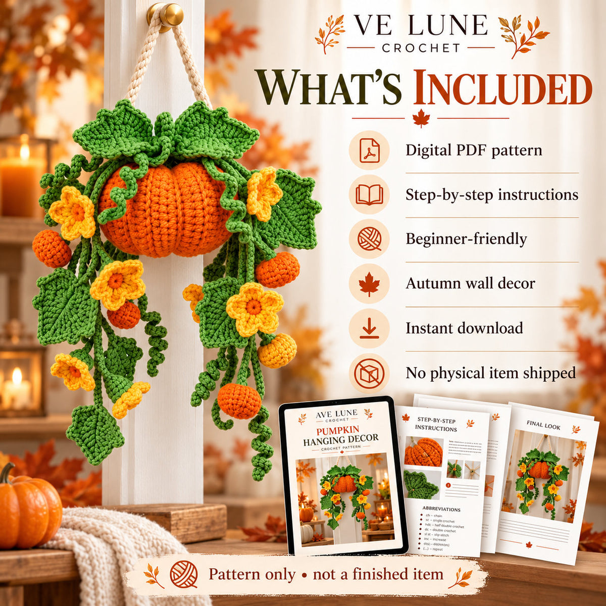 Pumpkin Hanging Crochet Pattern PDF – Fall Wall Decor, Autumn Pumpkin Plant