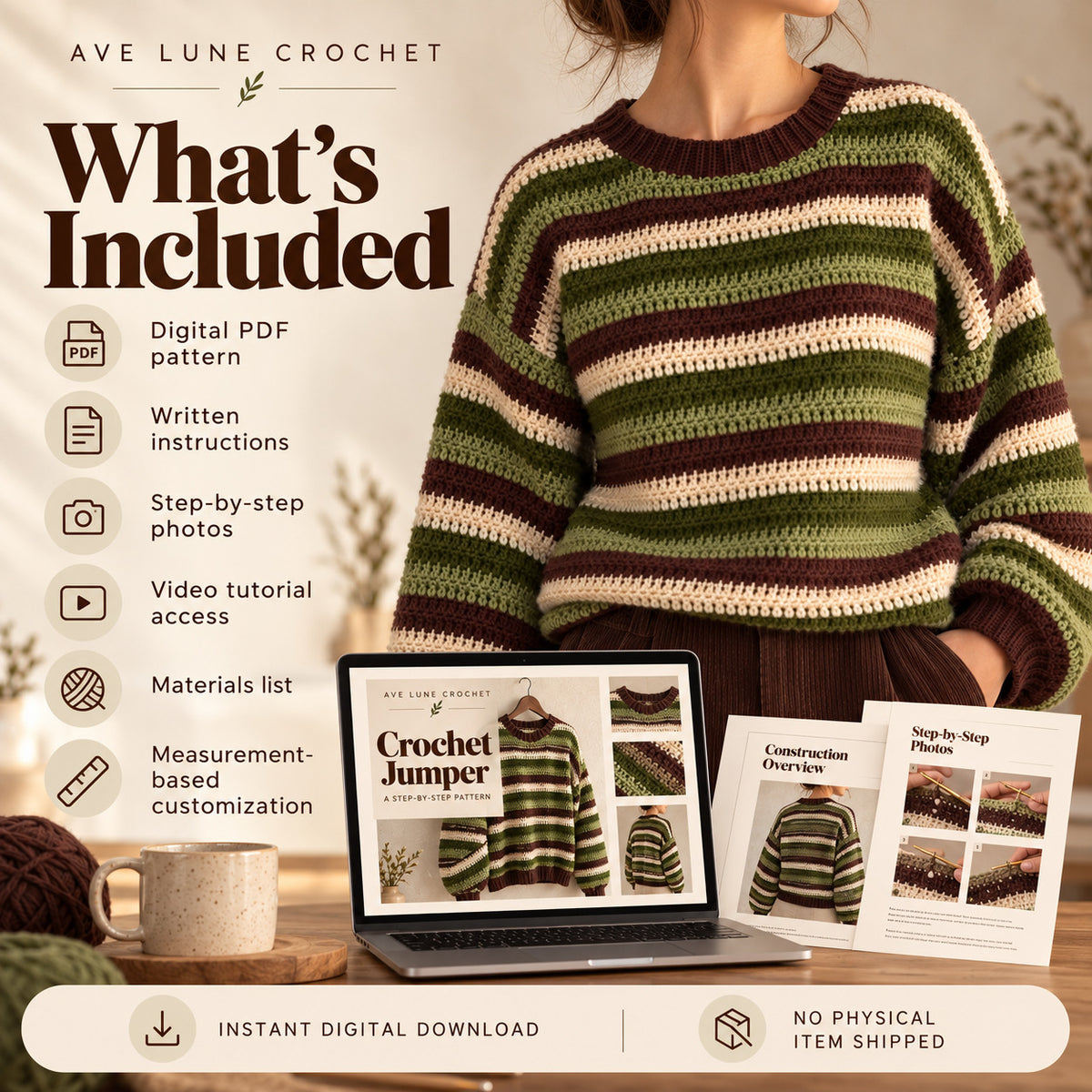 Striped Crochet Jumper Pattern PDF + Video Tutorial – Beginner Friendly Sweater