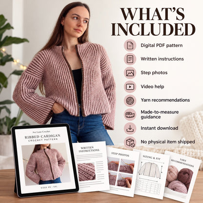 Ribbed Zip-Up Cardigan Crochet Pattern PDF + Video Tutorial | Made to Measure