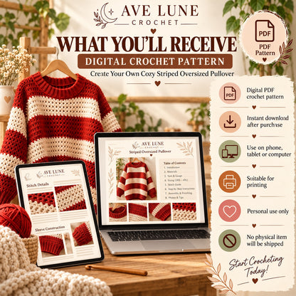 Oversized Striped Crochet Sweater Pattern PDF – Sizes 3XS–4XL Pullover