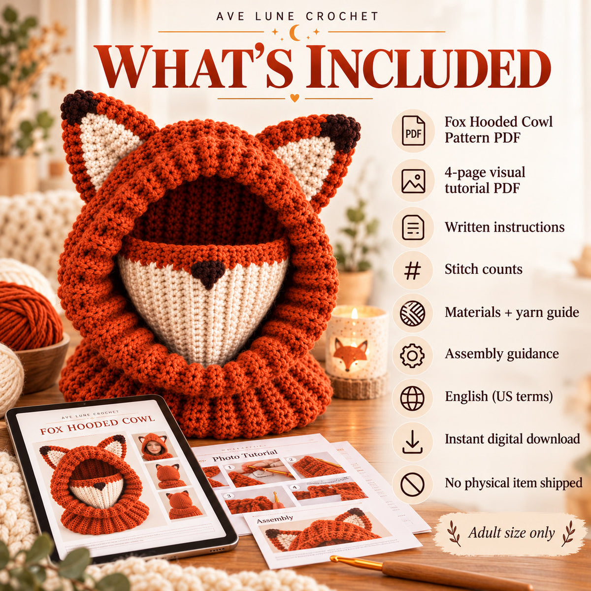 Fox Hooded Cowl Crochet Pattern PDF – Fox Ear Balaclava & Neck Warmer