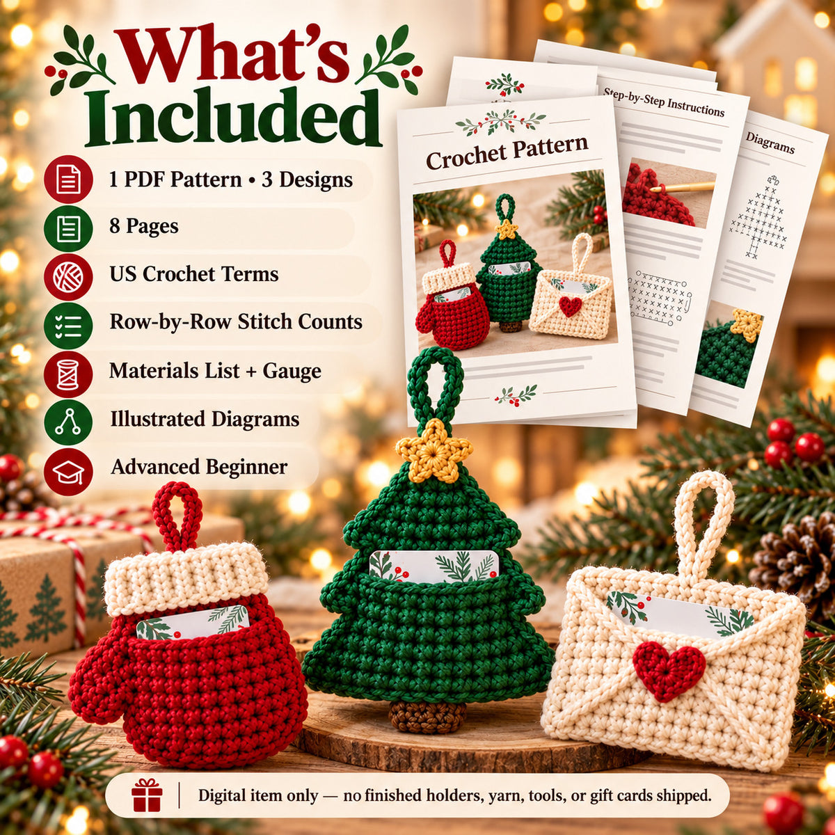 Christmas Gift Card Holder Crochet Pattern PDF – 3 Festive Designs