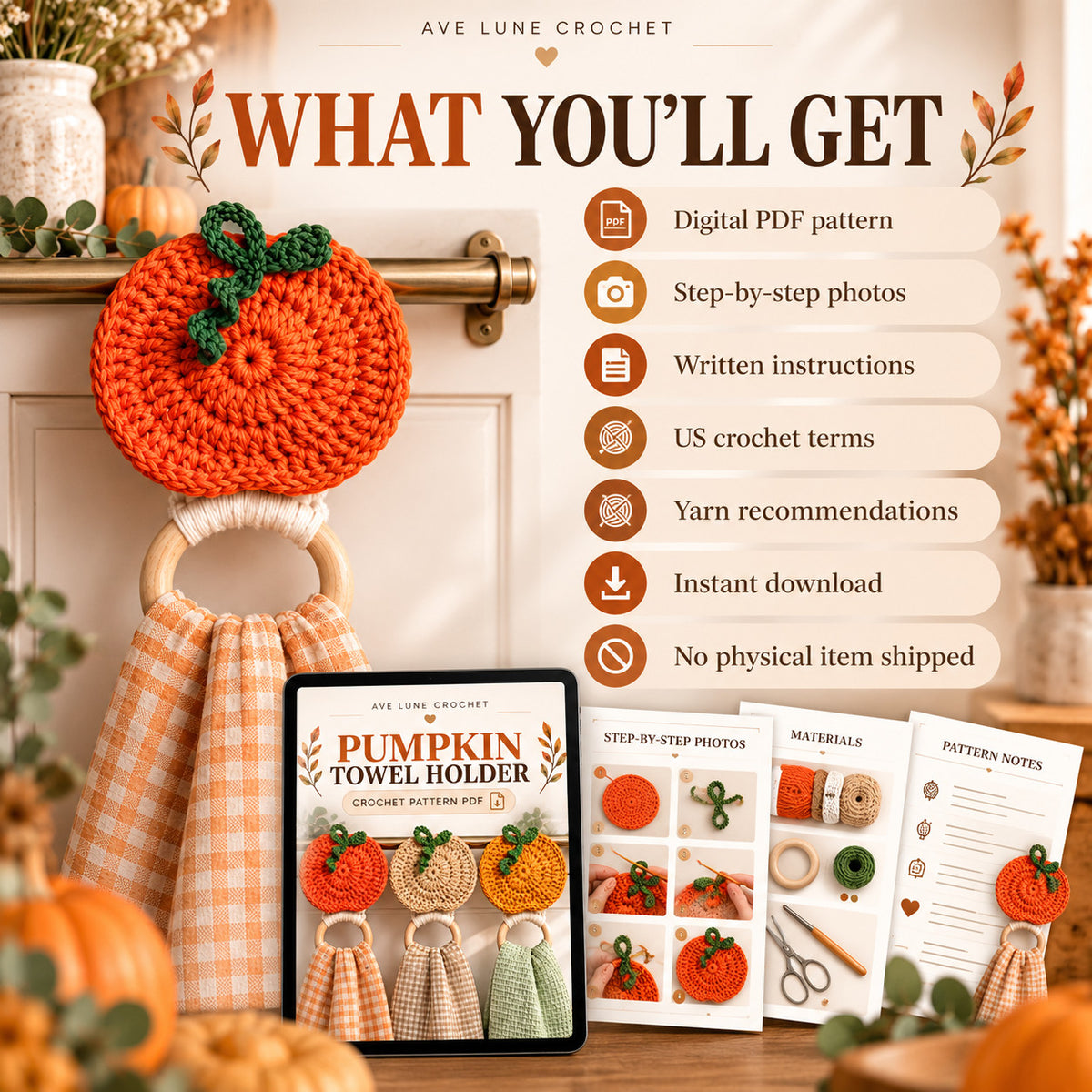 Pumpkin Towel Holder Crochet Pattern PDF – Fall Kitchen Decor