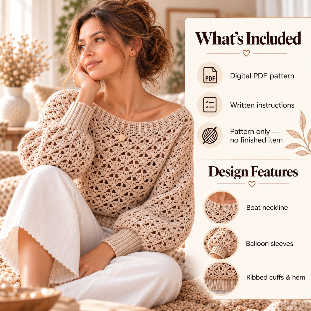 Crochet Lace Pullover Pattern PDF – Balloon Sleeves