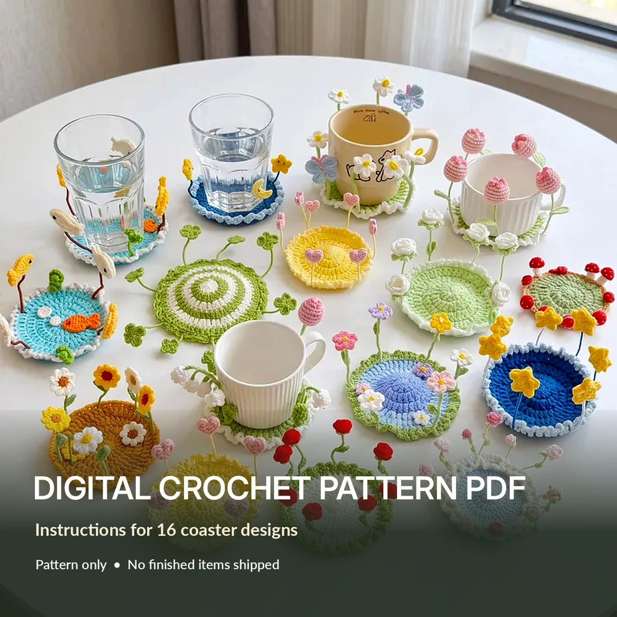 16-in-1 Flip-Up Coaster Crochet Pattern PDF – Floral & Themed Coaster Bundle