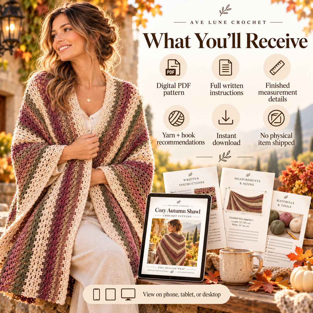 Crochet Wrap Pattern PDF – Autumn Striped Shawl, Boho Rectangle Wrap
