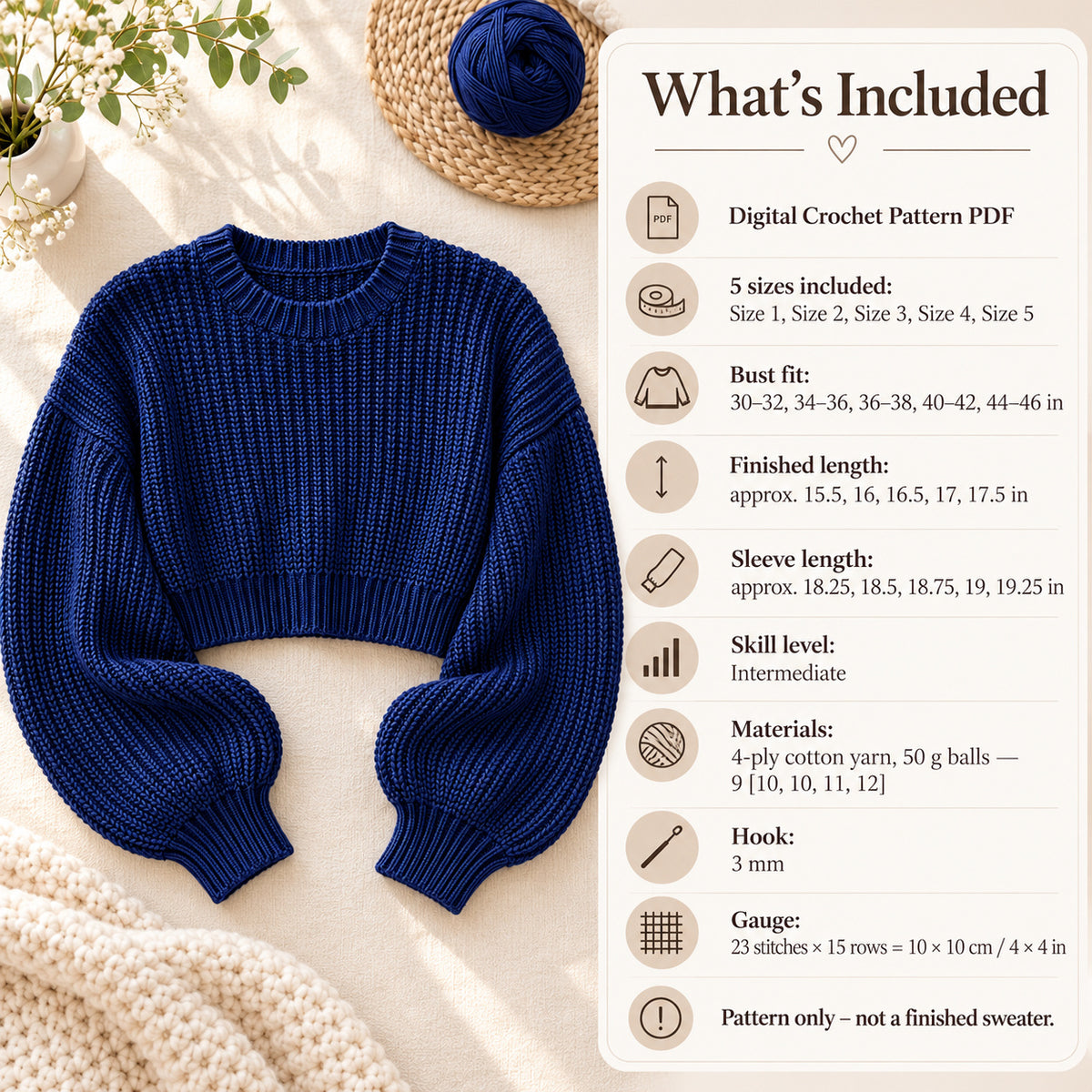 Navy Cloud Crochet Sweater Pattern PDF – Cropped Balloon Sleeve Pullover