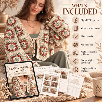Granny Square Cardigan Crochet Pattern PDF – Tie Front, Made to Measure