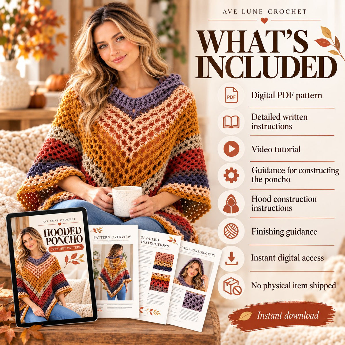 Autumn Leaves Hooded Poncho Crochet Pattern PDF + Video Tutorial