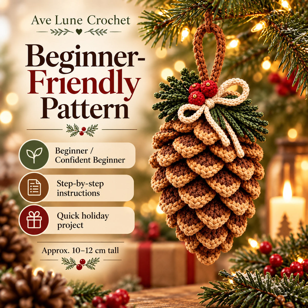 Crochet Pine Cone Ornament Pattern PDF, Christmas Pinecone Crochet Decor, Beginner Woodland Ornament Digital Download