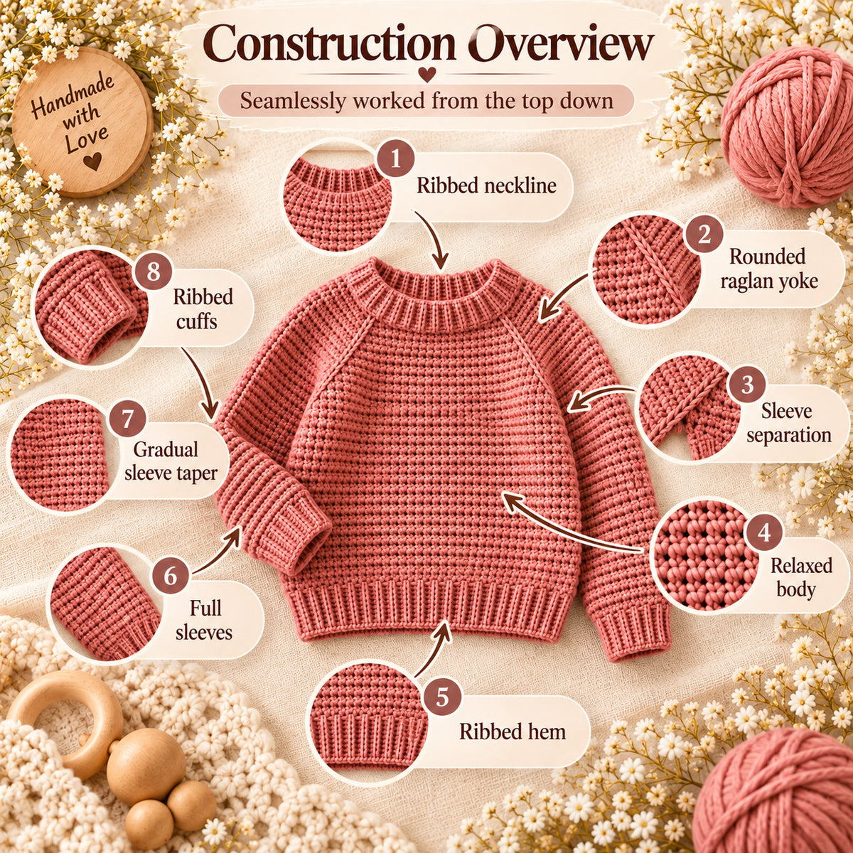 Kids Seamless Raglan Crochet Sweater Pattern PDF, Top Down Children’s Pullover, Sizes 1–10 Years