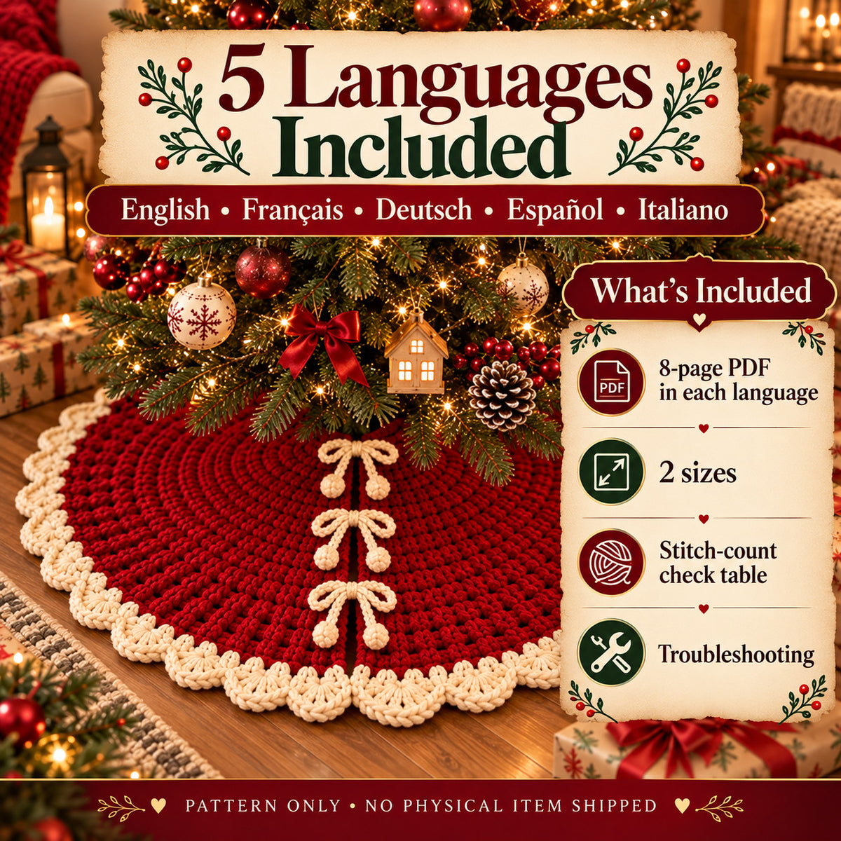 Christmas Tree Skirt Crochet Pattern PDF, Beginner Crochet Tree Skirt, 2 Sizes 30 & 40 Inch, 5 Languages