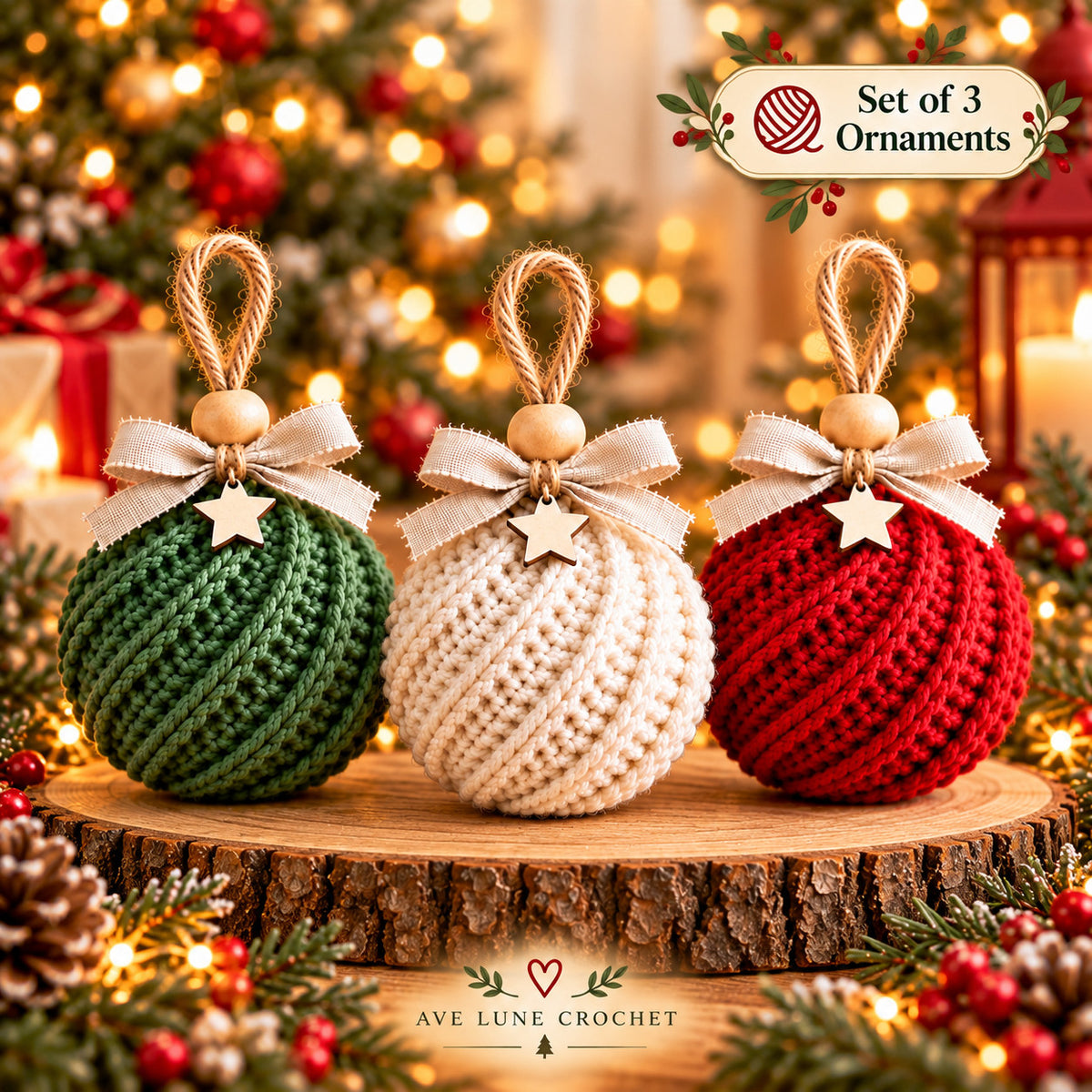 Christmas Ornament Crochet Pattern Bundle PDF, 3 Crochet Bauble Patterns, Beginner Holiday Decor, Digital Download