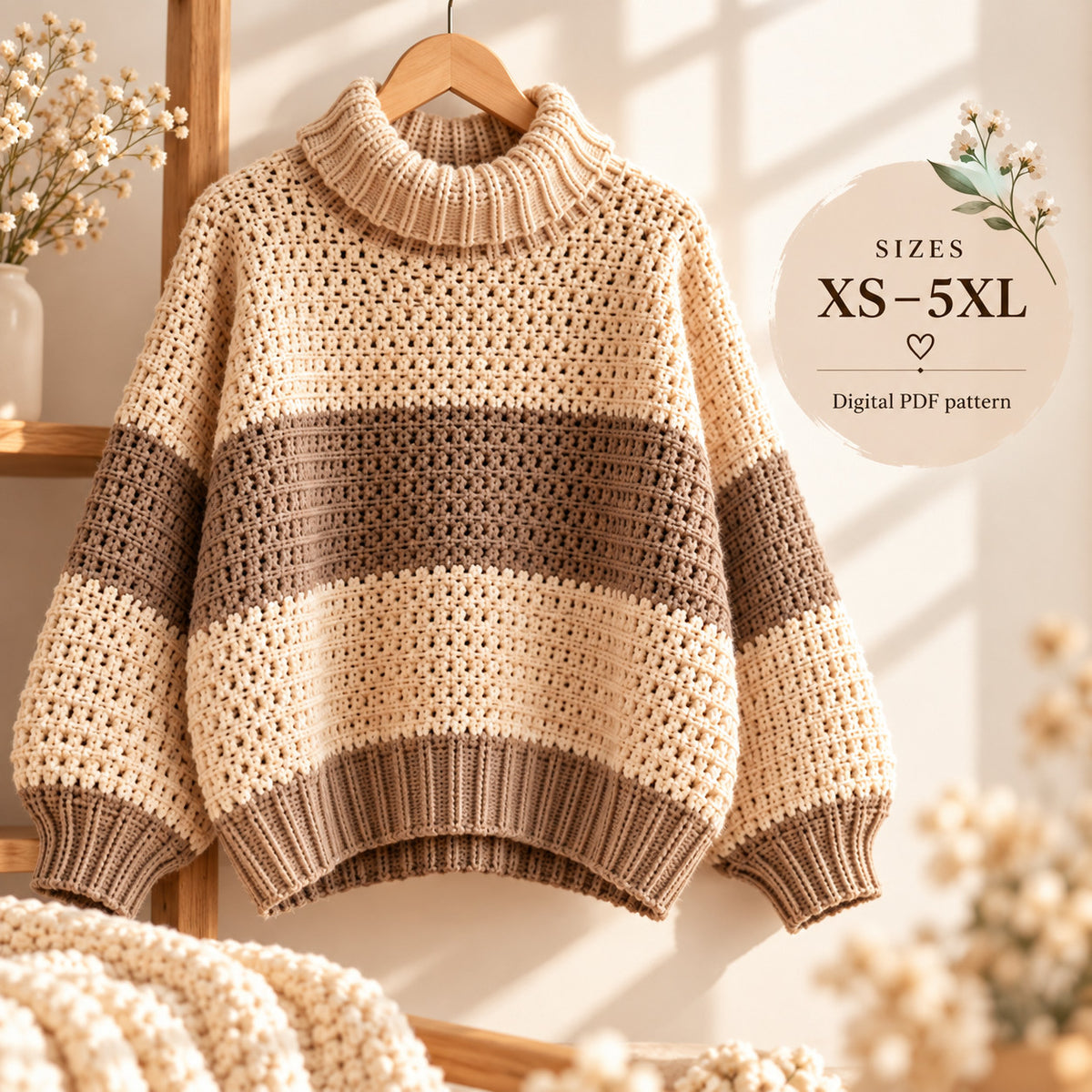 Striped Turtleneck Crochet Sweater Pattern PDF – XS–5XL