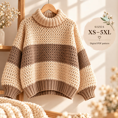 Striped Turtleneck Crochet Sweater Pattern PDF – XS–5XL