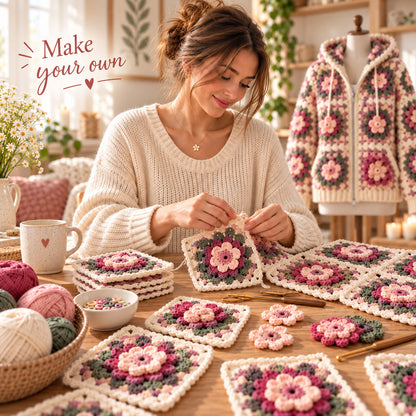 Floral Granny Square Hoodie Crochet Pattern PDF | 3D Flower Zip-Up Cardigan
