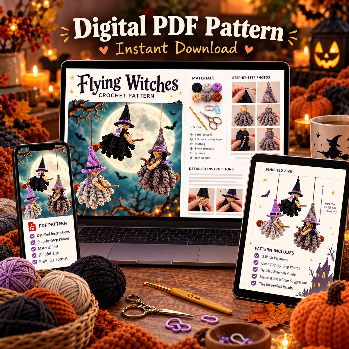 Flying Witch Crochet Pattern PDF – Halloween Witch Ornament