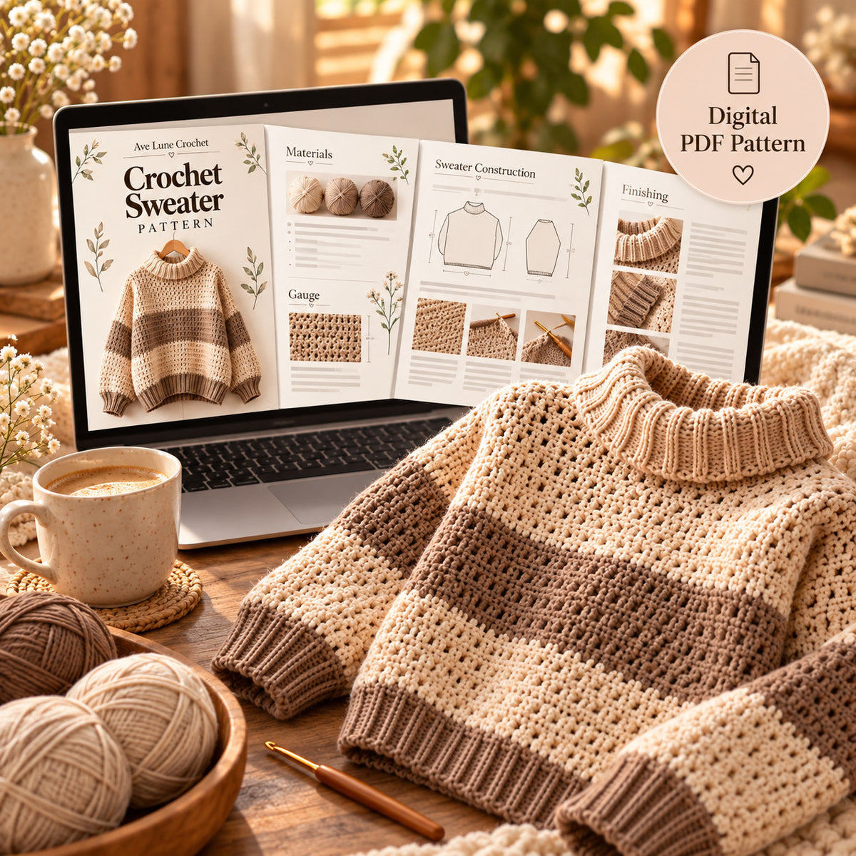 Striped Turtleneck Crochet Sweater Pattern PDF – XS–5XL