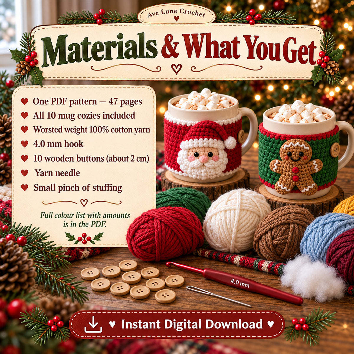 10 Christmas Mug Cozy Crochet Patterns PDF Bundle, Beginner Holiday Cup Cozy Patterns, English Digital Download