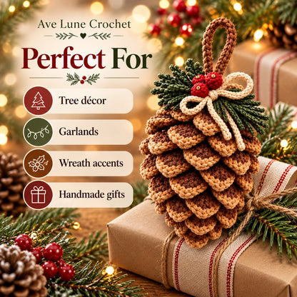Crochet Pine Cone Ornament Pattern PDF, Christmas Pinecone Crochet Decor, Beginner Woodland Ornament Digital Download