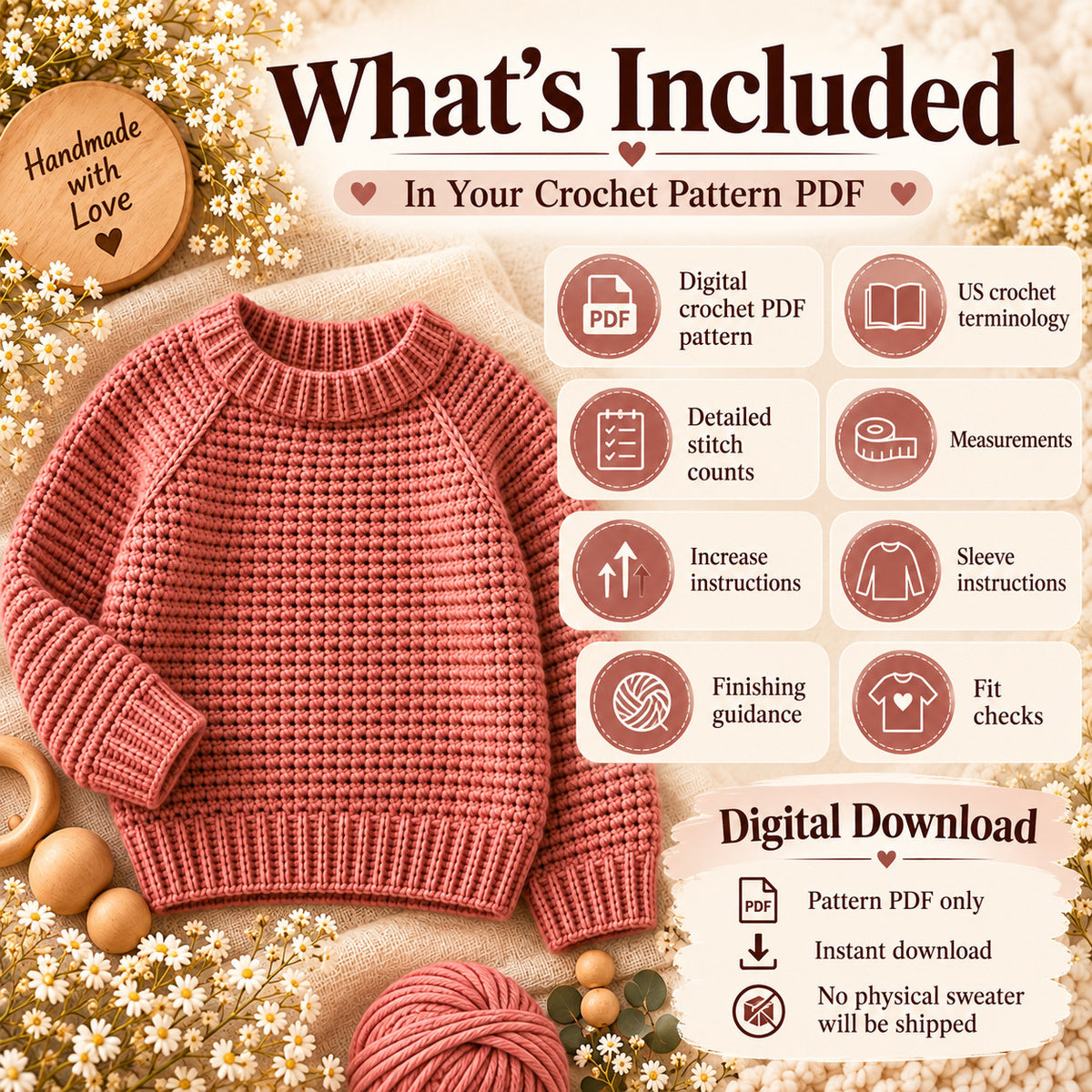 Kids Seamless Raglan Crochet Sweater Pattern PDF, Top Down Children’s Pullover, Sizes 1–10 Years