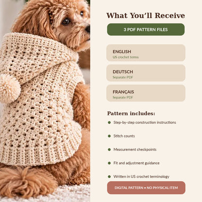 Crochet Hooded Dog Sweater Pattern PDF, Dog Hoodie Crochet Pattern, Sizes XS–L, English German French