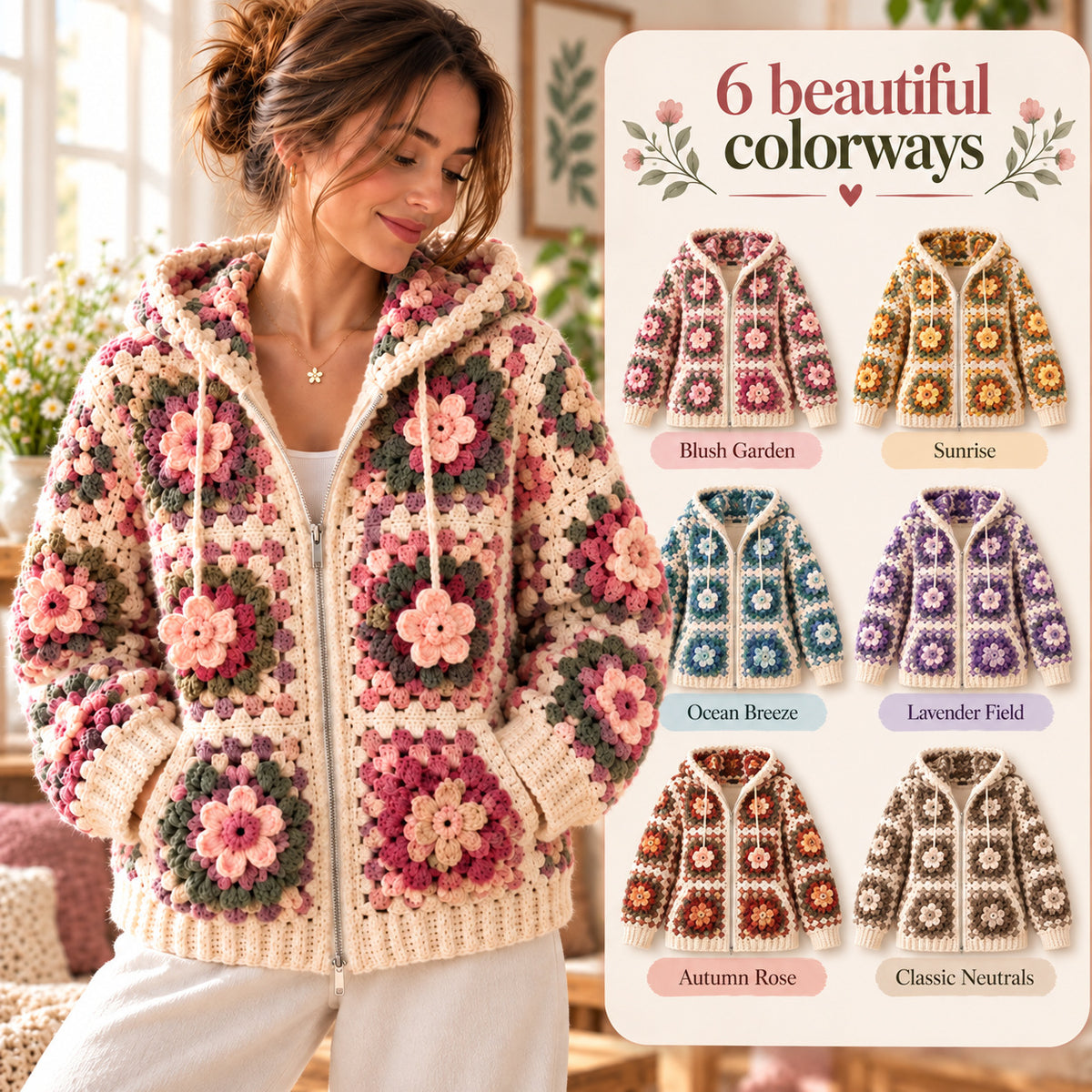Floral Granny Square Hoodie Crochet Pattern PDF | 3D Flower Zip-Up Cardigan