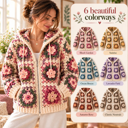 Floral Granny Square Hoodie Crochet Pattern PDF | 3D Flower Zip-Up Cardigan