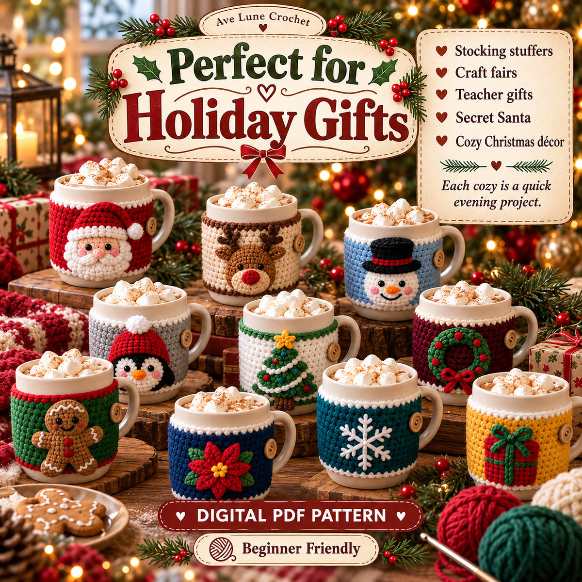 10 Christmas Mug Cozy Crochet Patterns PDF Bundle, Beginner Holiday Cup Cozy Patterns, English Digital Download
