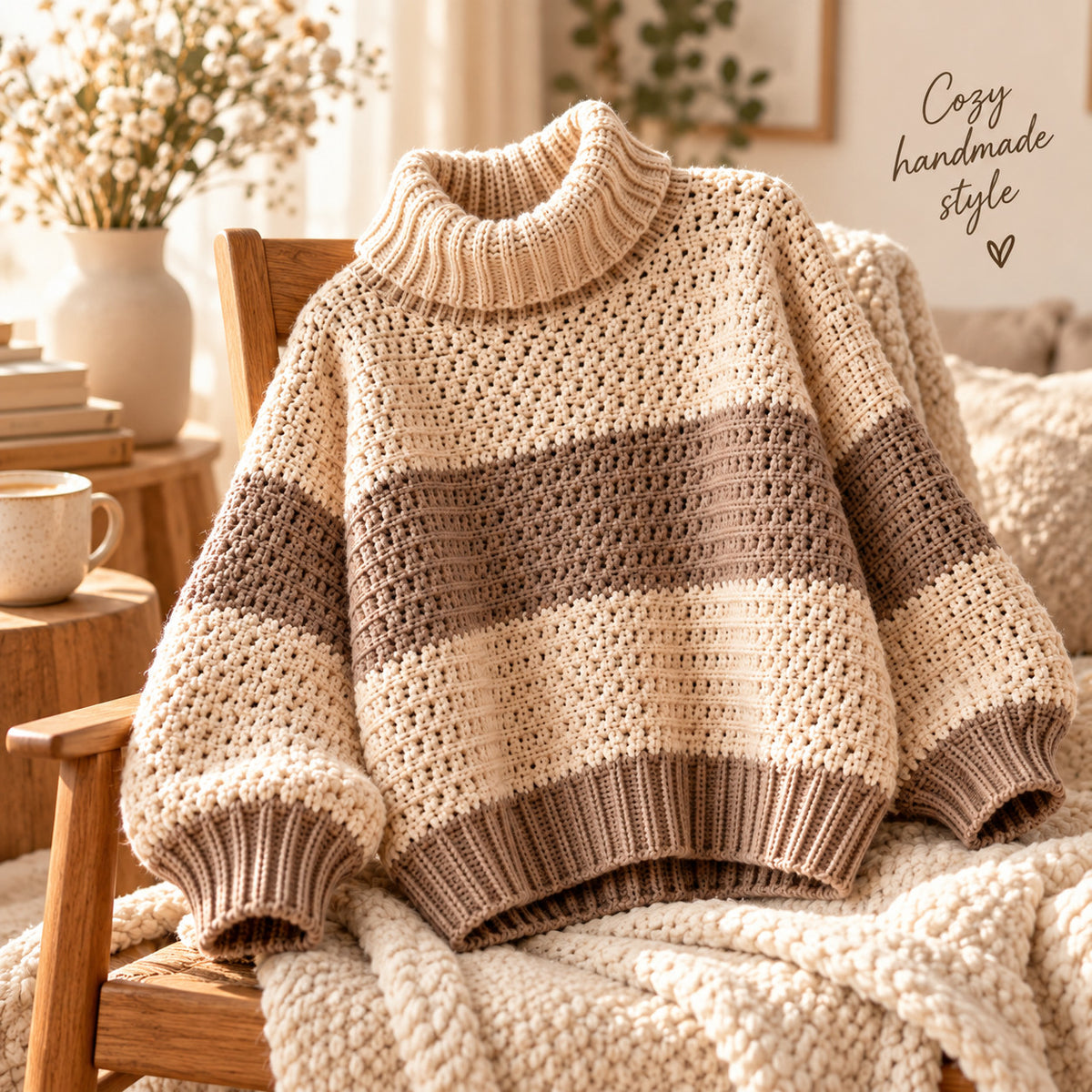 Striped Turtleneck Crochet Sweater Pattern PDF – XS–5XL