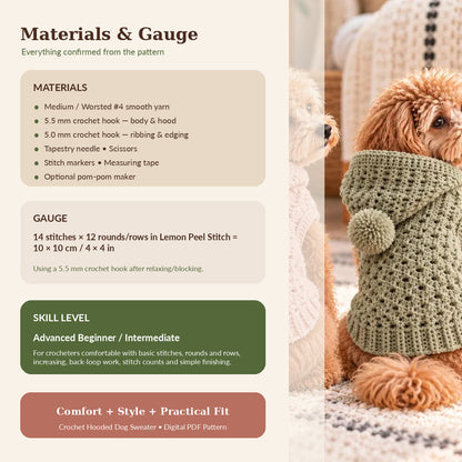 Crochet Hooded Dog Sweater Pattern PDF, Dog Hoodie Crochet Pattern, Sizes XS–L, English German French
