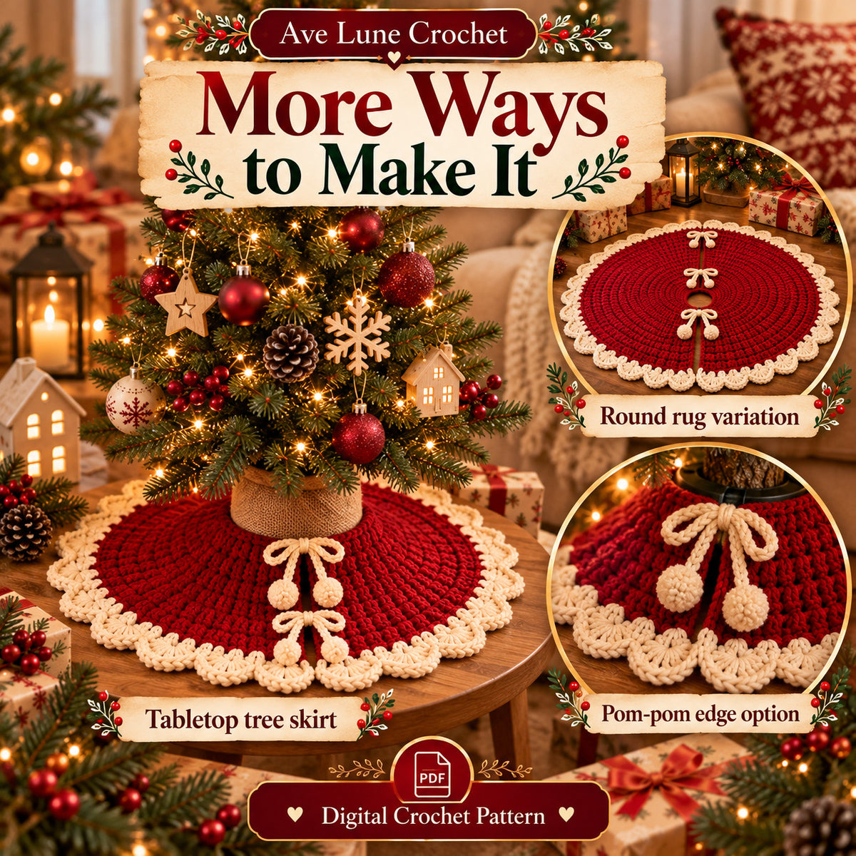 Christmas Tree Skirt Crochet Pattern PDF, Beginner Crochet Tree Skirt, 2 Sizes 30 & 40 Inch, 5 Languages