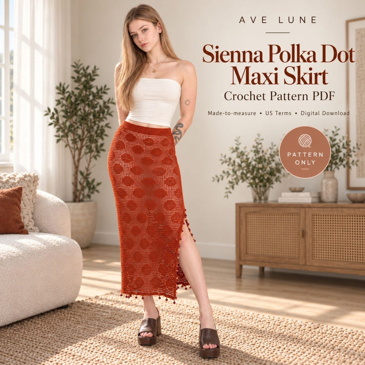 Sienna Polka Dot Maxi Skirt Crochet Pattern PDF – Made-to-Measure Filet Crochet Skirt with Side Slit