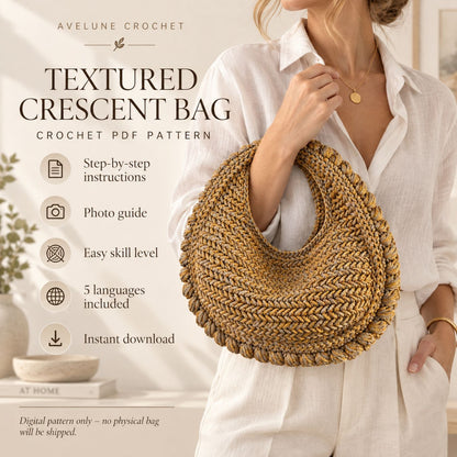 Textured Crescent Bag Crochet Pattern PDF – Easy Crochet Handbag Pattern, 5 Languages, Instant Download