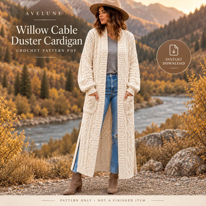 Willow Cable Duster Cardigan Crochet Pattern PDF – Long Textured Cardigan