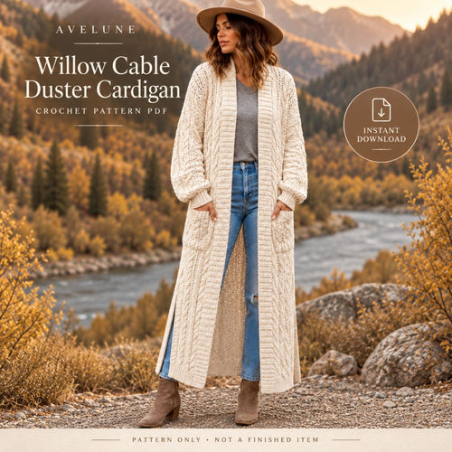 Willow Cable Duster Cardigan Crochet Pattern PDF – Long Textured Cardigan