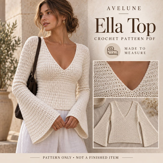 Ella Top Crochet Pattern PDF – Made-to-Measure Seamless V-Neck Top with Bell Sleeves