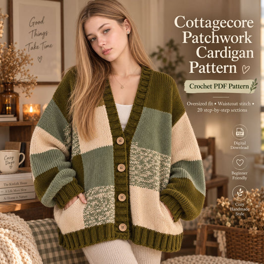 Cottagecore Patchwork Cardigan Crochet Pattern PDF – Oversized V-Neck Sweater, Balloon Sleeve Autumn Cardigan