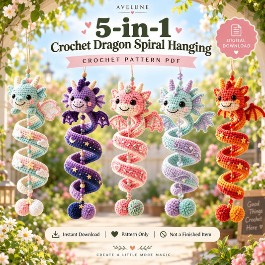 5-in-1 Crochet Dragon Spiral Hanging Pattern PDF – Cute Dragon Ornament, Beginner-Friendly Digital Download