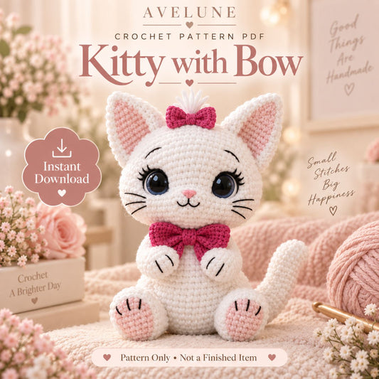 Kitty with Bow Crochet Pattern PDF – Plush Cat Amigurumi Pattern, English US Terms