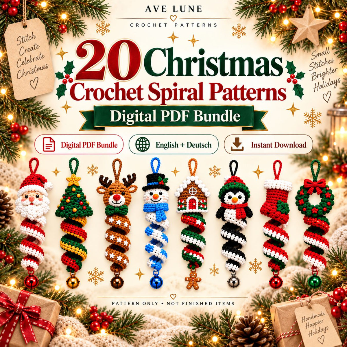 20 Christmas Crochet Spiral Patterns PDF Bundle – Holiday Ornaments, English & German Digital Download