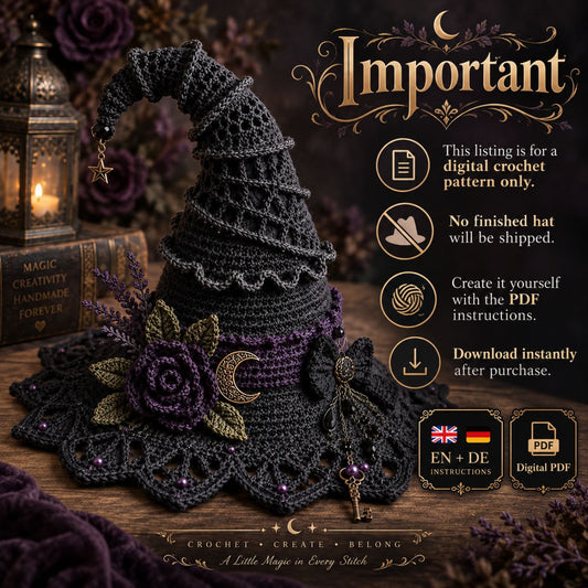 Moonlit Thorn Lace Witch Hat Crochet Pattern PDF – Gothic Witch Hat Pattern, English + German