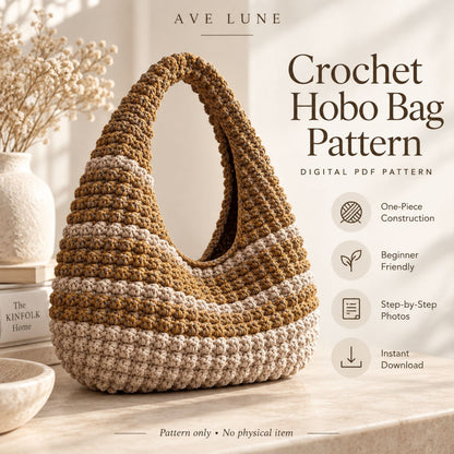 Crochet Hobo Bag Pattern PDF – Beginner-Friendly One-Piece Slouchy Shoulder Bag, 5 Languages