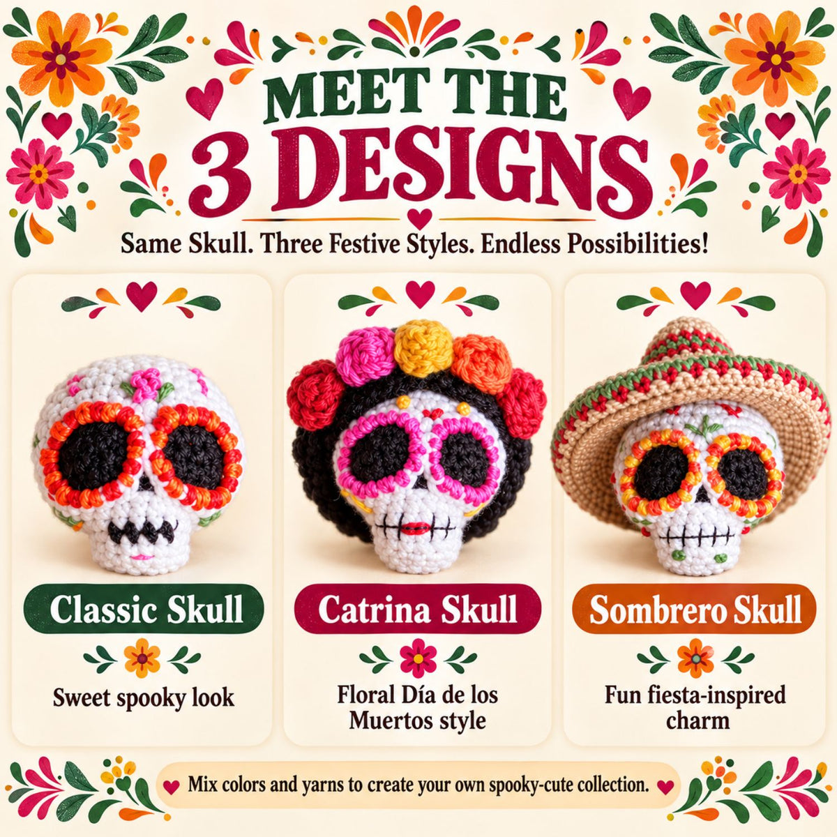 Sugar Skull Trio – 3 Crochet Patterns PDF