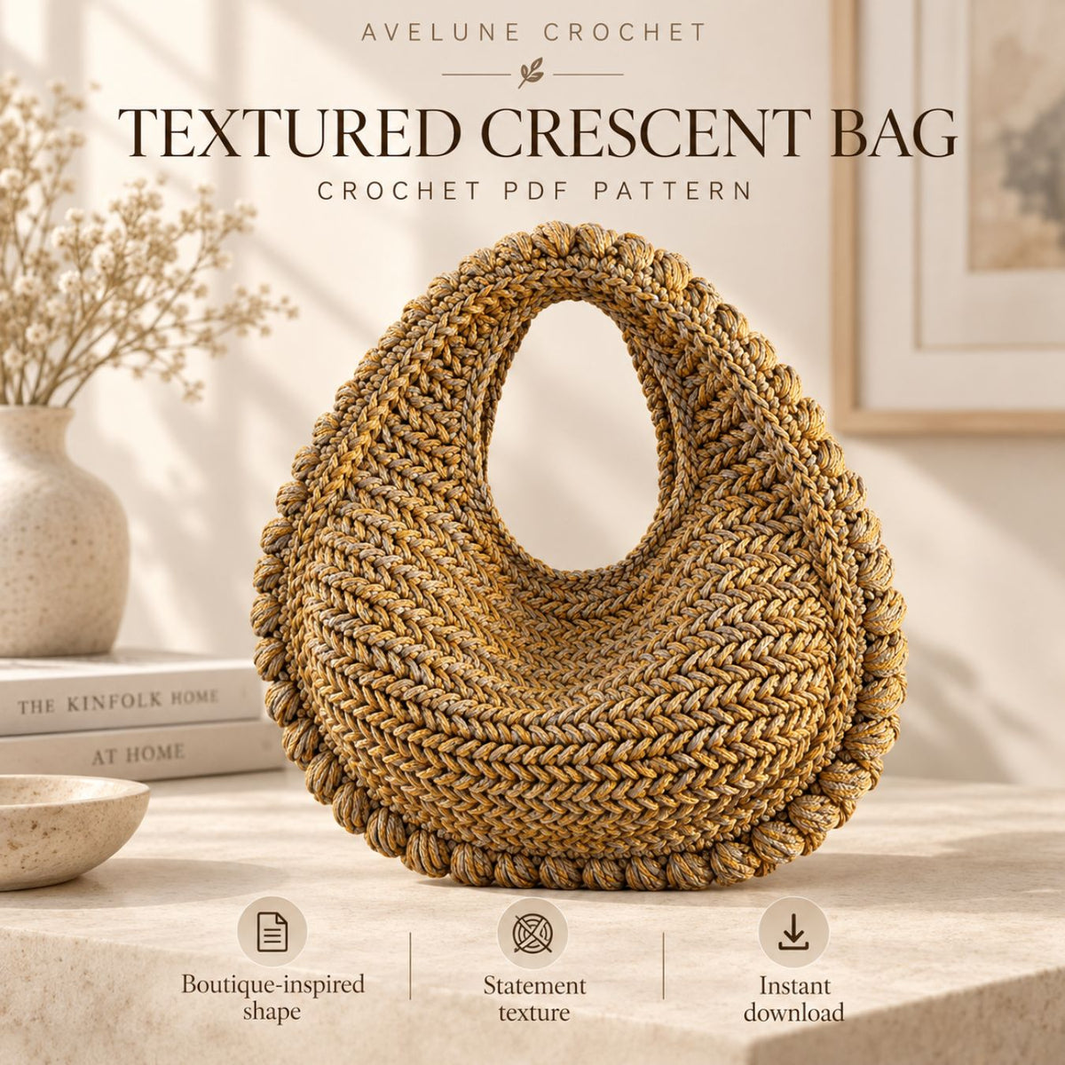 Textured Crescent Bag Crochet Pattern PDF – Easy Crochet Handbag Pattern, 5 Languages, Instant Download