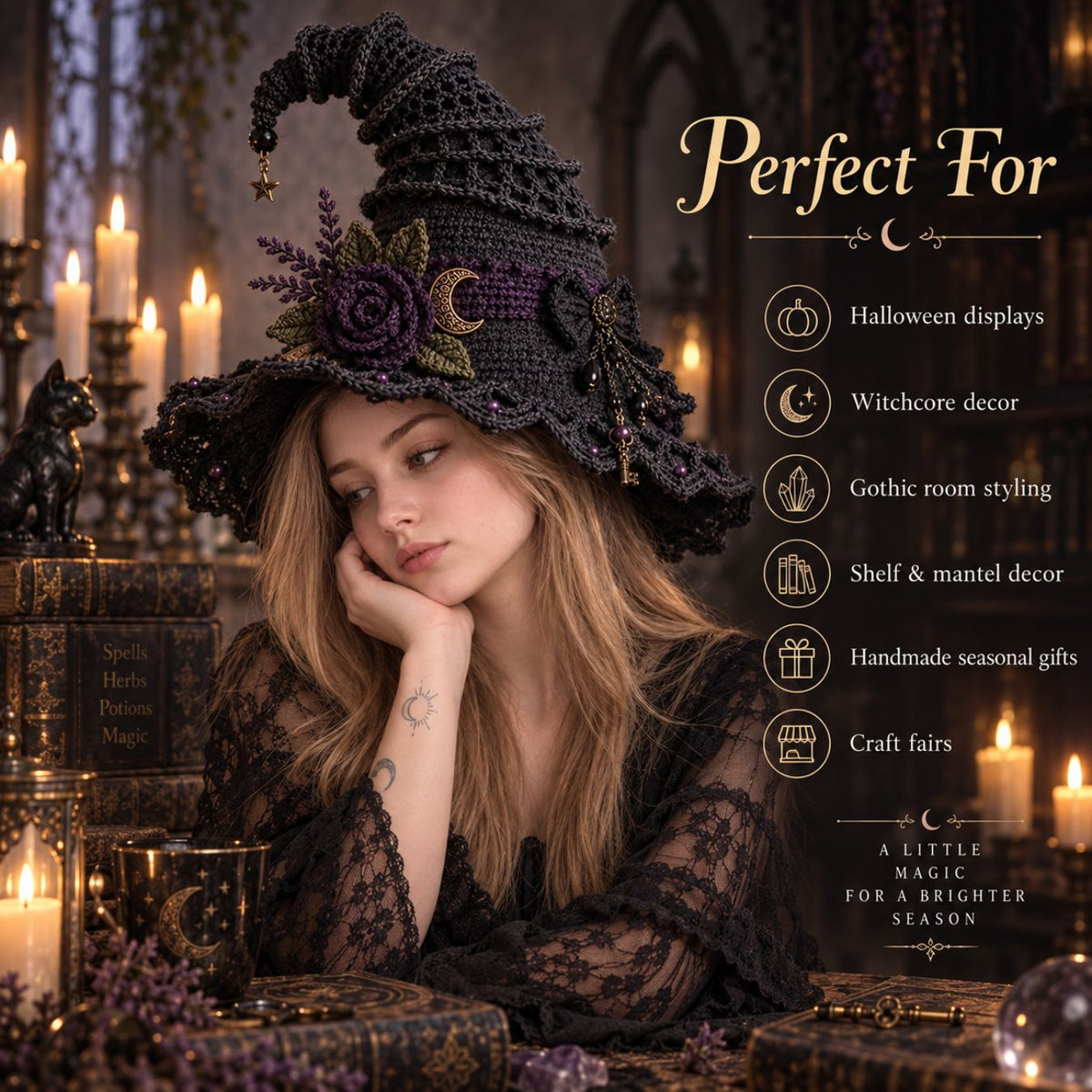 Moonlit Thorn Lace Witch Hat Crochet Pattern PDF – Gothic Witch Hat Pattern, English + German