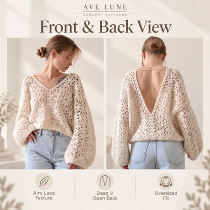Luna Open Back Sweater Crochet Pattern PDF – Made-to-Measure Oversized Lace Sweater