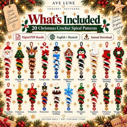 20 Christmas Crochet Spiral Patterns PDF Bundle – Holiday Ornaments, English & German Digital Download